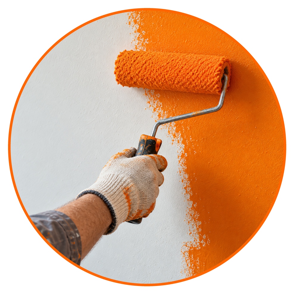 Hier wird gearbeitet: Eine Farbrolle streicht eine Wand in Orange.